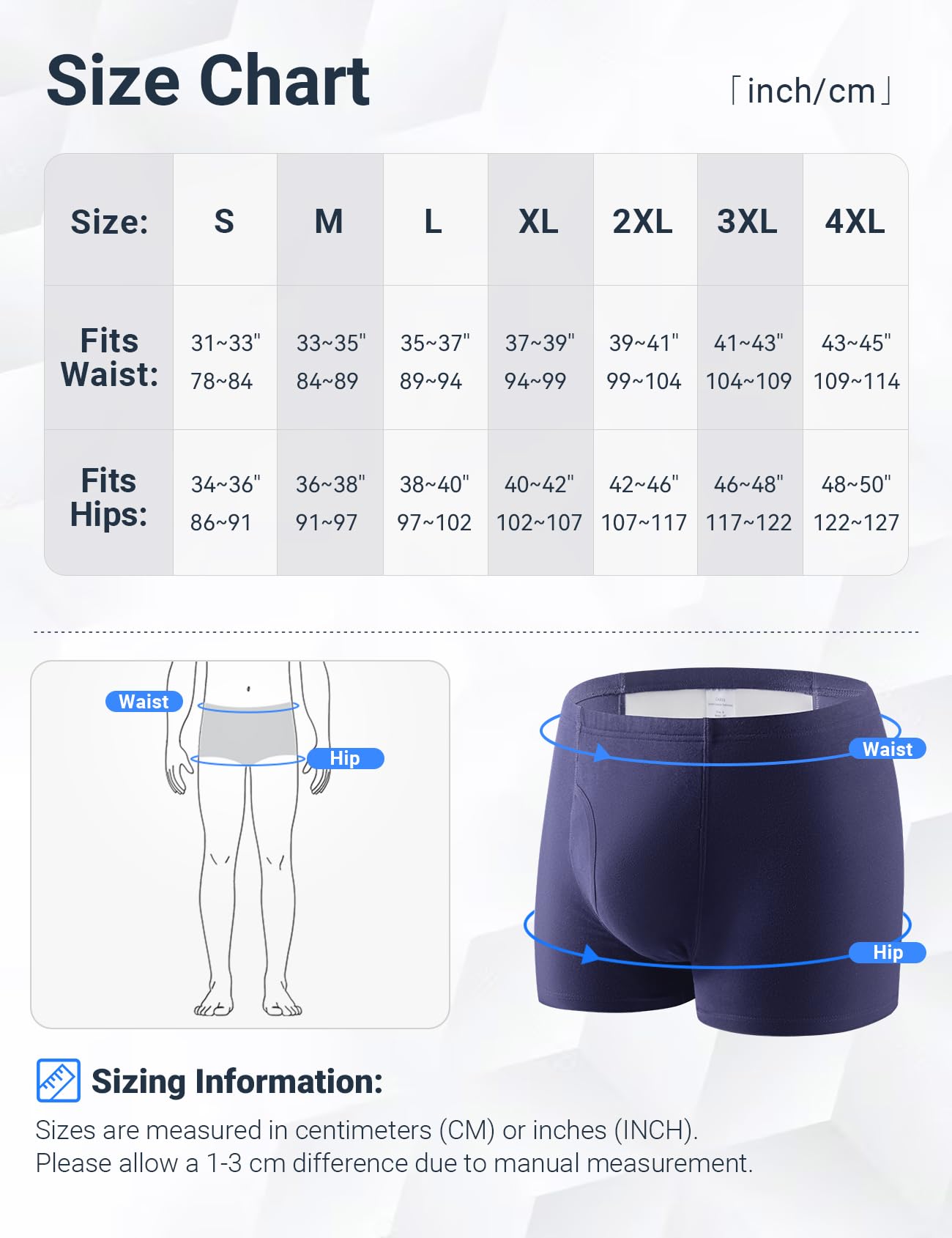 3 Pcs Men’s Incontinence Pants Incontinence Boxer Brief with Absorbent Pad 300 ML Urine Volume Cotton Washable Reusable Leakproof Incontinence Pants for Men Blue Size XL
