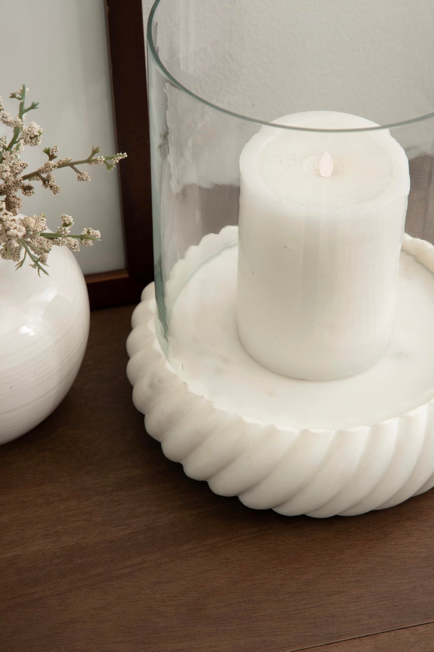 Kate and Laurel Trenza Modern Marble Candle Holder with Glass Cylinder, 8 x 8 x 9, White Marble, Transitional Twisted Base Pillar Candle Holder with Hurricane for Entryway or Living Room Decor