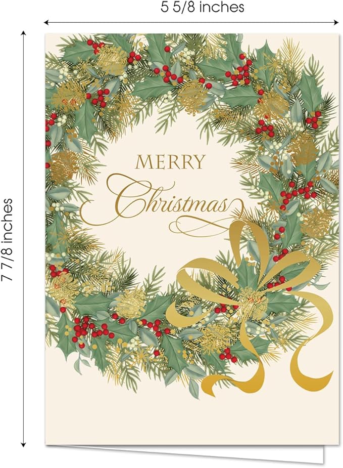 Masterpiece Traditional Wreath Christmas Cards / 15 Festive Holiday Cards Set With White Envelopes / 5 5/8" x 7 7/8" Winter Greeting Cards With Inside Verse