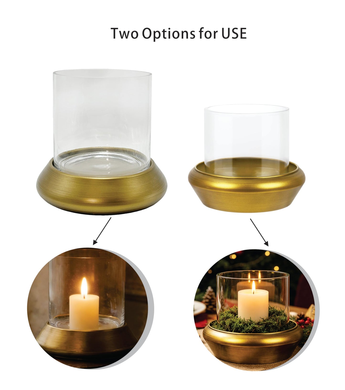 10.5" Farmhouse Glass Hurricane Candle Holder & Glass Vase with Metal Base in Antique Brass for Pillar & Flower Arrangement, Candlestick Holder, Terrarium, Centerpiece, Console, Dining Table, Mantel