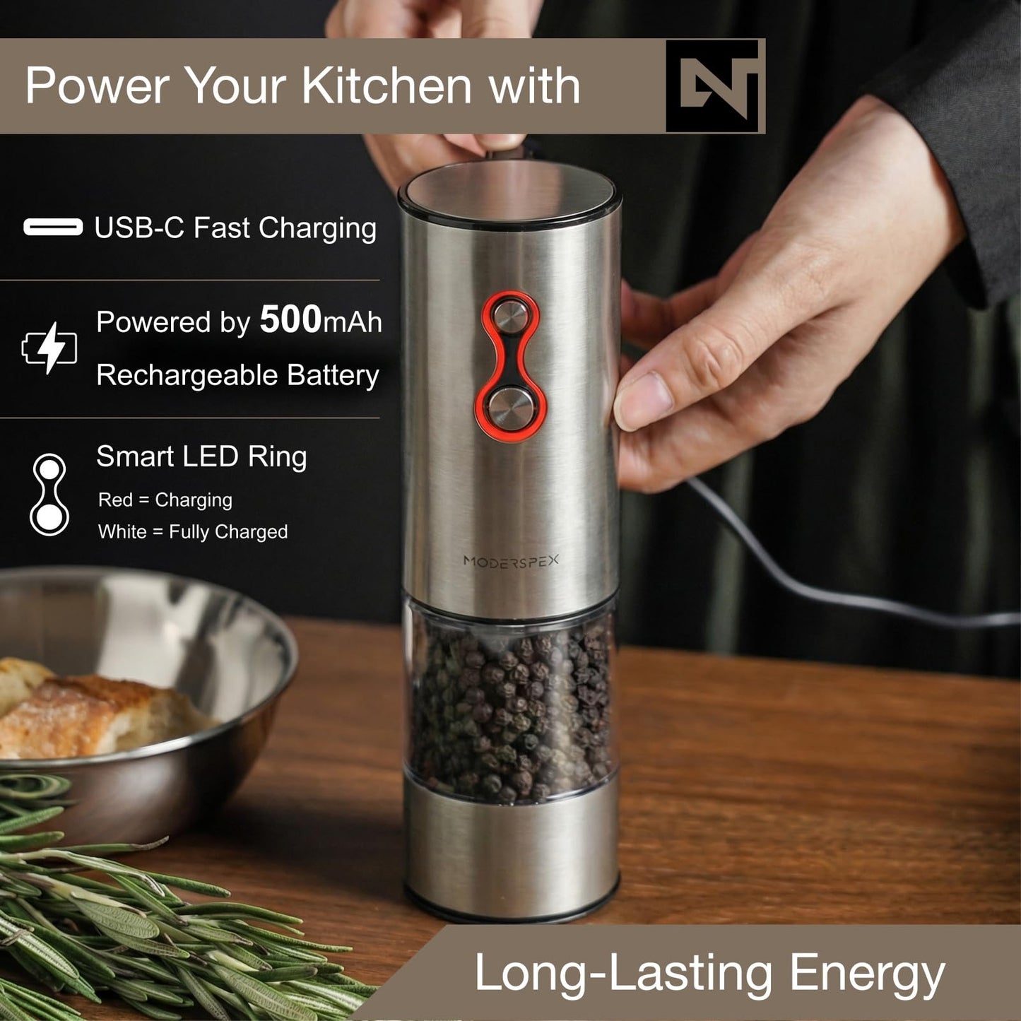Electric Salt and Pepper Grinder Set USB-C Rechargeable, Dual-Speed Automatic Salt and Pepper Mills with 9 Adjustable Coarseness, Ceramic Burr, LED Light, Refillable, (Stainless Steel)