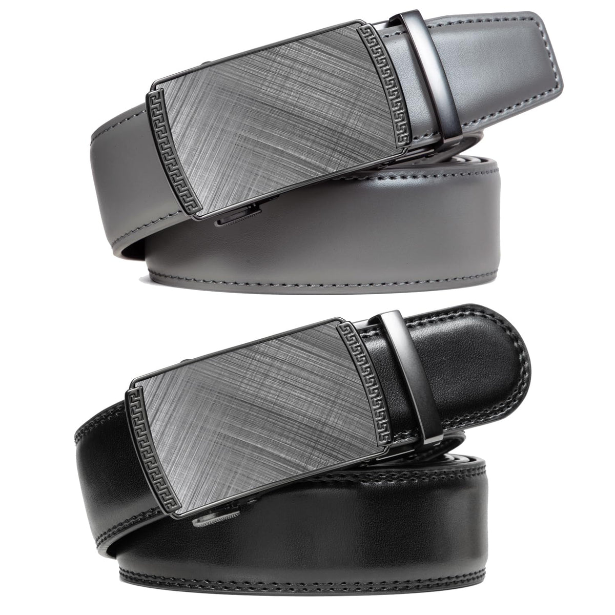 Founders & C Mens Belt 2 Pack,Leather Ratchet Click Belt Dress with Slide Buckle 1 3/8" in Gift Set Box- Size Adjustable (Black/Grey Golf Belt, 28"-42" Waist Adjustable)