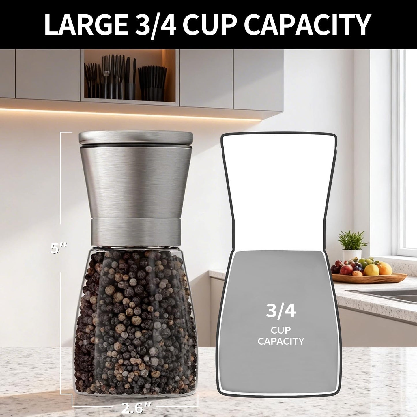 Premium Salt and Pepper Grinder Set of 2, Refillable Stainless Steel Spice Shakers with Adjustable Coarseness, Easy Clean Durable Ceramic Mills, Include Silicone Funnel & Cleaning Brush (5.3"H-2 Pack)