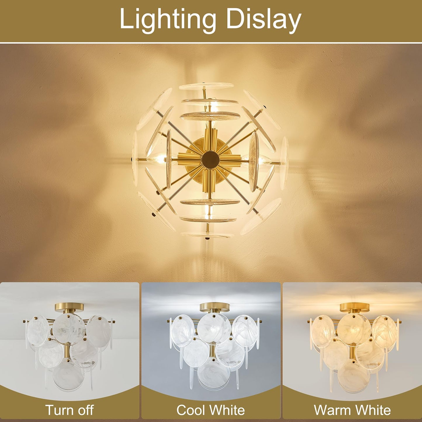 LOZOHOM 15" Brass Gold Semi Flush Mount Ceiling Light,13 lb Sturdy Vintage Flush Mount Chandelier with Unique Cloud Glass, 4-Light Modern Hallway Light Fixtures for Bedroom Laundry Room Foyer Entryway