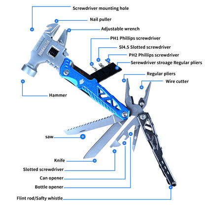 18-in-1 Multipurpose Tool Kit, Survival Camping Gear & Fishing Gifts for Dad - Multitool with Hammer, Pliers, Screwdriver and Pocket Knife for Men