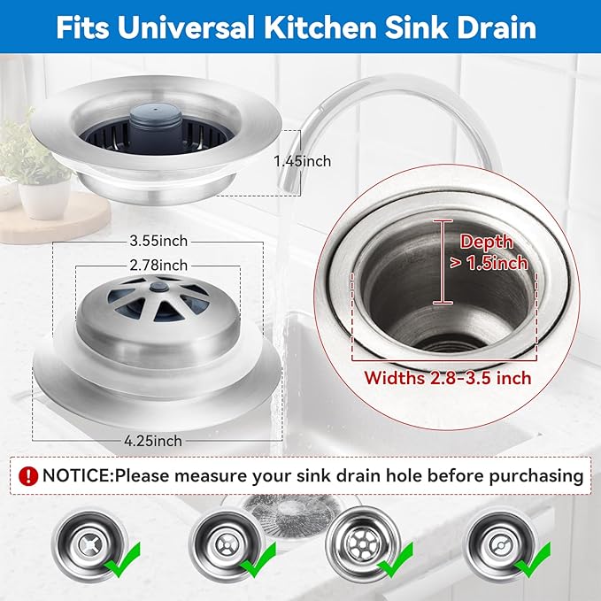 Upgraded 3-in-1 Kitchen Sink Drain Strainer, Stainless Steel Pop Up Kitchen