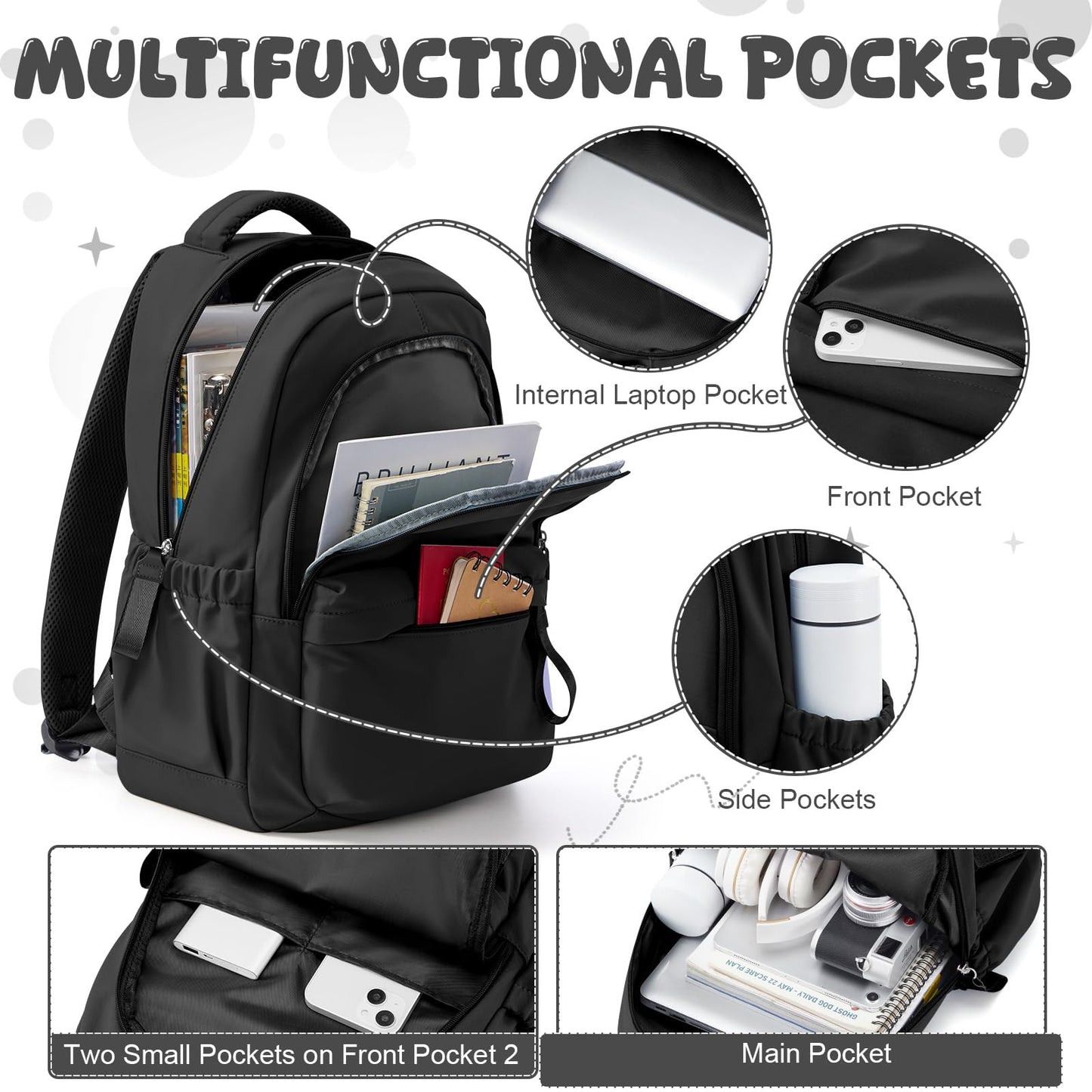 HYC00 Laptop Backpack for Women School Backpack Lightweight School Bags for Teen Girls Travel Work Rucksack Bag for Women College Bookbag 15.6 Inch Laptop Rucksack Casual Daypack Work Bag,Black