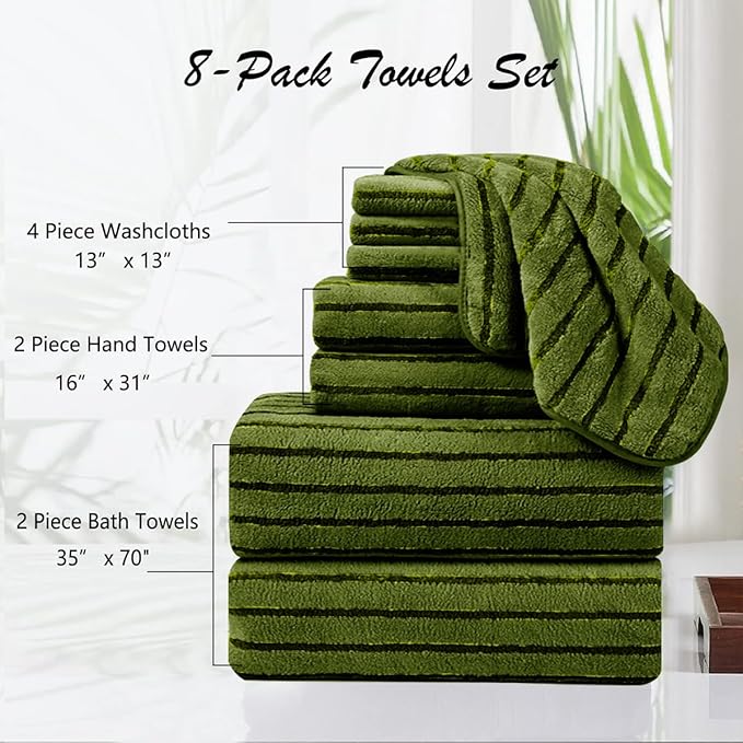 8 Pcs Army Green Cabana Stripe Large Bath Towel Set Oversized Bath Sheet-2 Bath