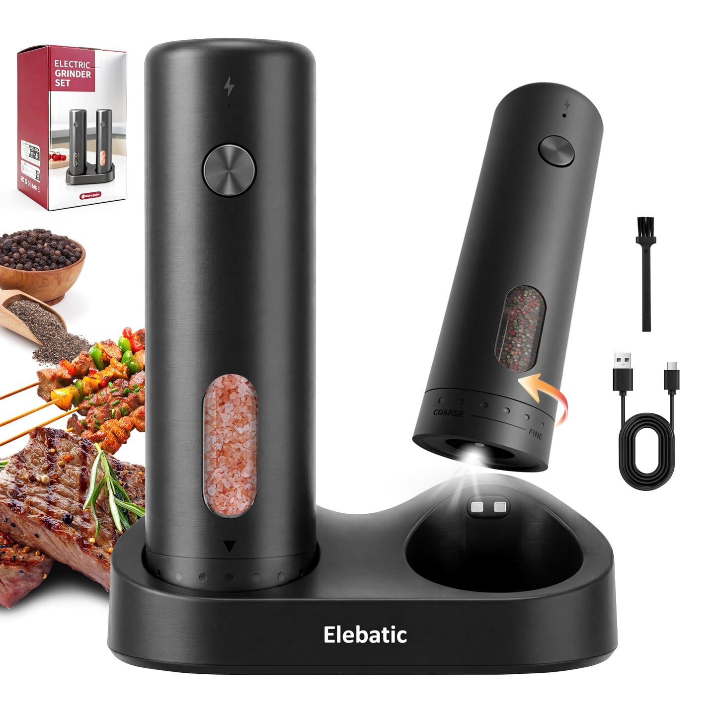 Elebatic 110ml Electric Salt and Pepper Grinder Set, Rechargeable salt and pepper shakers with LED Light, 2-Pack with Charging Base, External 6 Adjustable Coarseness, Holiday Gifts