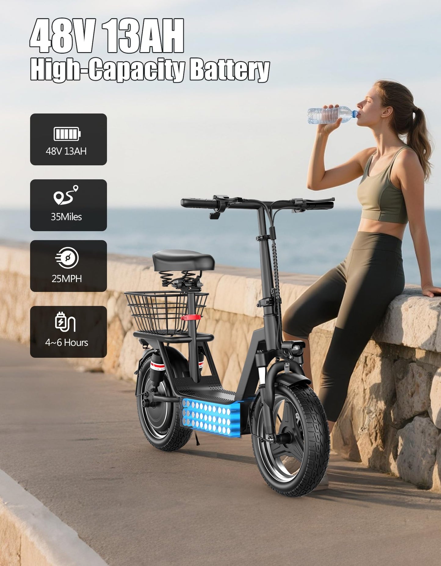Electric Scooter Adults with Seat, 1000W Peak Motor, 35 Miles Range, 25MPH Top Speed, 14" Foldable E-Scooter with Seat and Basket for Cargo, Dual Suspension for Commuting