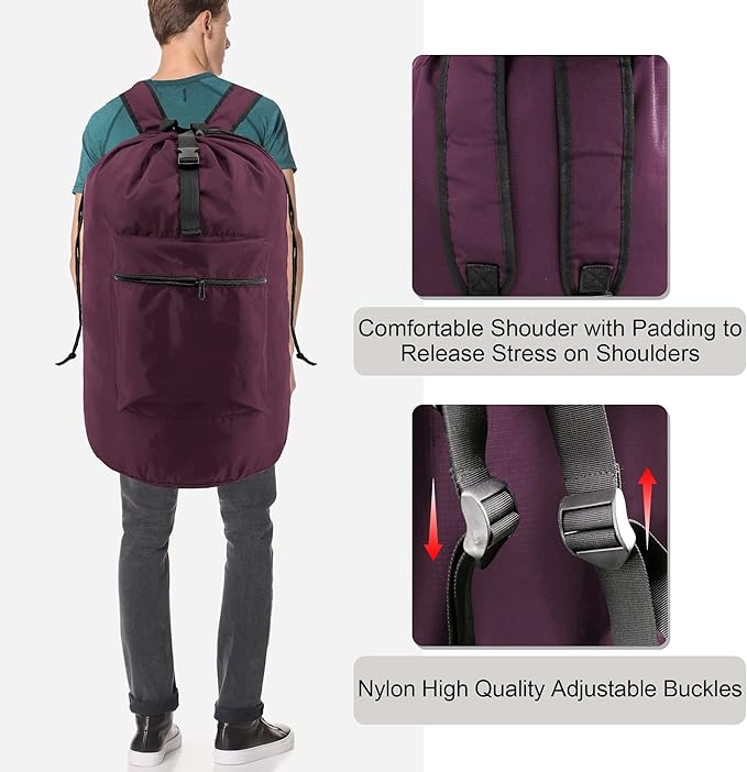 BeeGreen Laundry-Bag-Backpack-Heavy-Duty, Burgundy Nylon Drawstring Portable