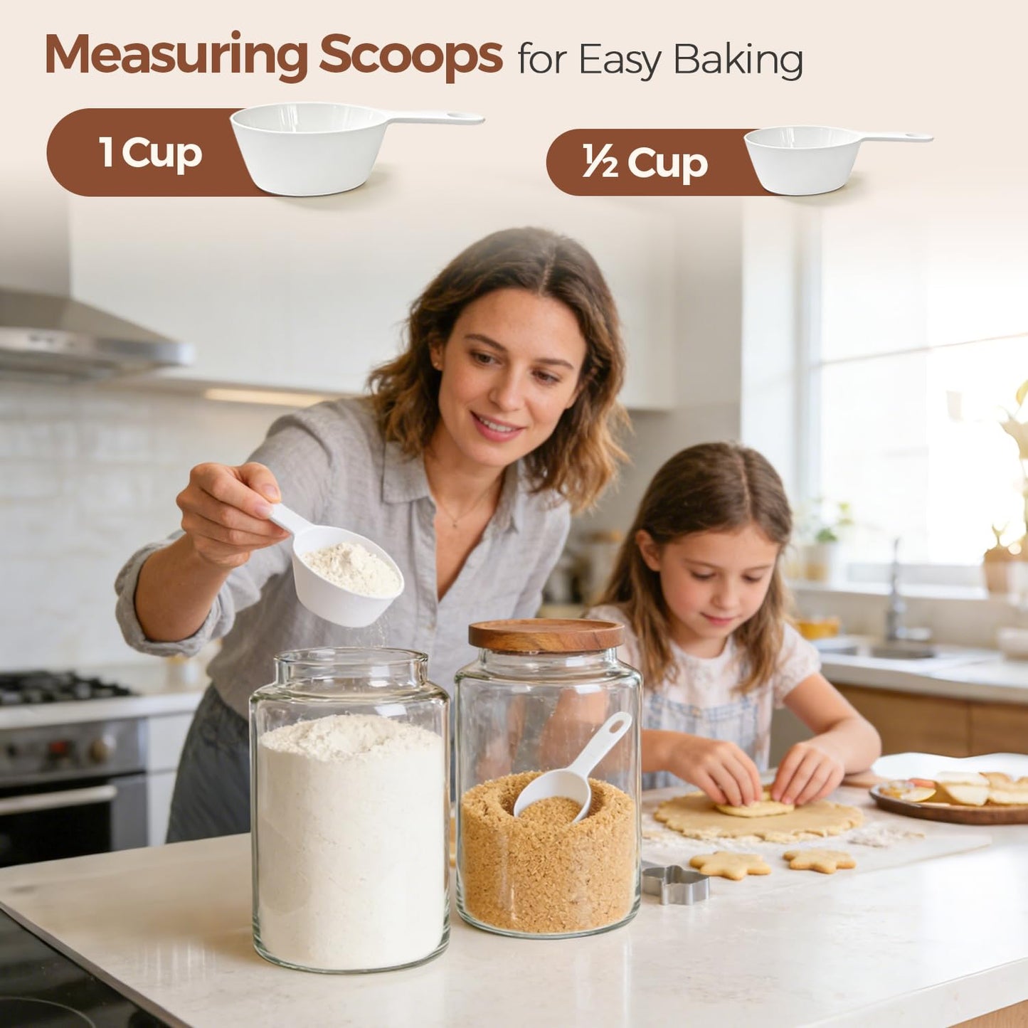 ComSaf 2Pcs (4.2Qt) Wide-Mouth Flour Sugar Storage Containers - Include Scoops & Labels, Easy to Scoop & Airtight, Large Glass Jar for Bakers to Store Bulk Flour, Rice, and Dry Goods in Kitchen Pantry