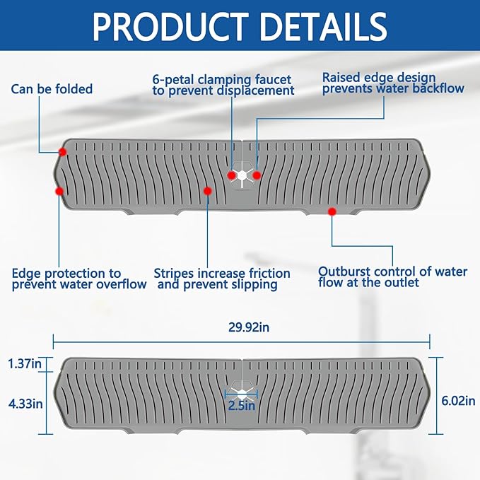 Kitchen Sink Splash Guard Gen2-30" x 6'' Silicone Sink Mat Splash Guard fit