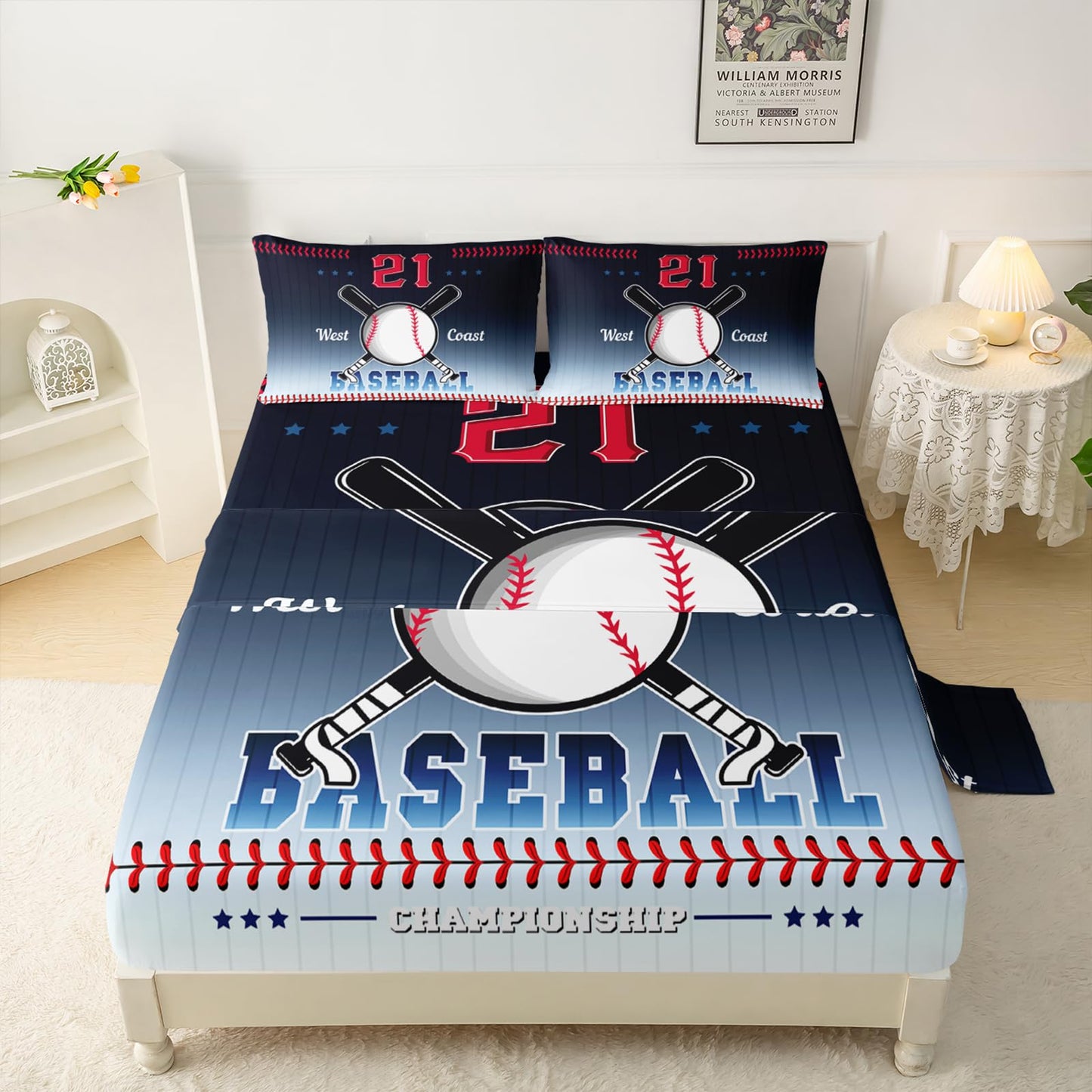 QOOMO Baseball Kids Bed Sheets Full Size,Ball Game Print Bedding Sheet Set,4Pcs Sports Deep Pocket Bed Sets with 1 Fitted Sheet 1 Flat Sheet 2 Pillowcases for Boys Girls Teens