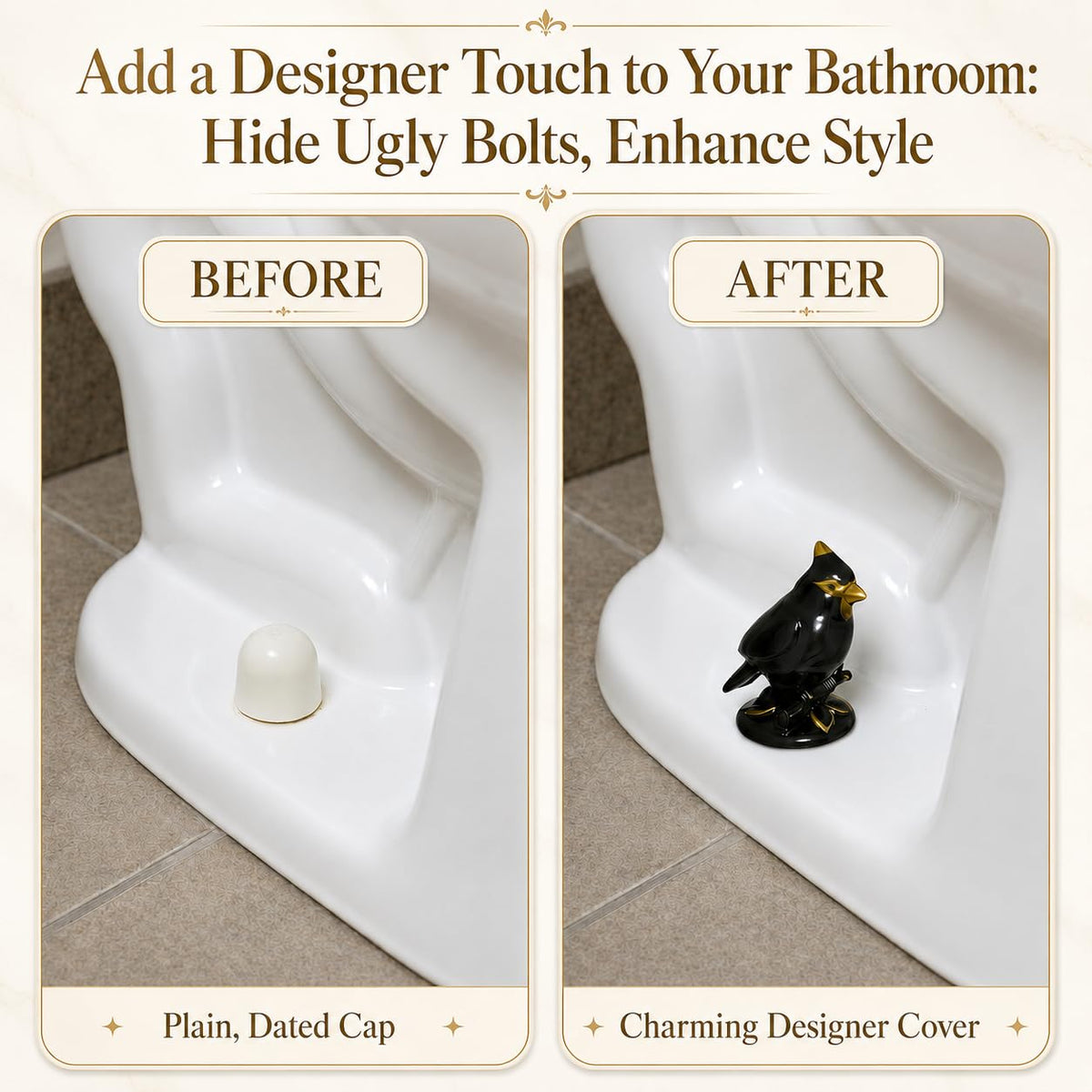 Cardinal Bird Toilet Bolt Covers, 2 Pcs Matte Black Ceramic Toilet Screw Cover Caps with White Floor Bolt Caps & Washers, Gothic Bathroom Decor