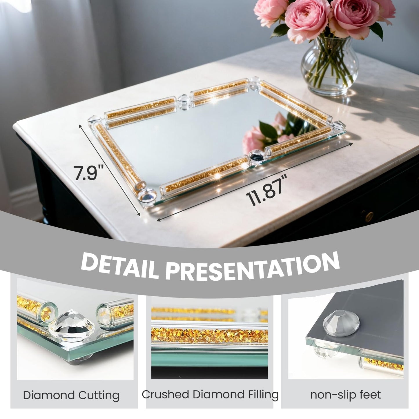 Gold Glass Tray, 11.8" x 7.9" Decorative Crystal Glass Cosmetic Perfume Display Tray for Gorgeous Dresser Countertop,Noble Jewelry Organizer with Diamond for Home Decor,Banquet Party