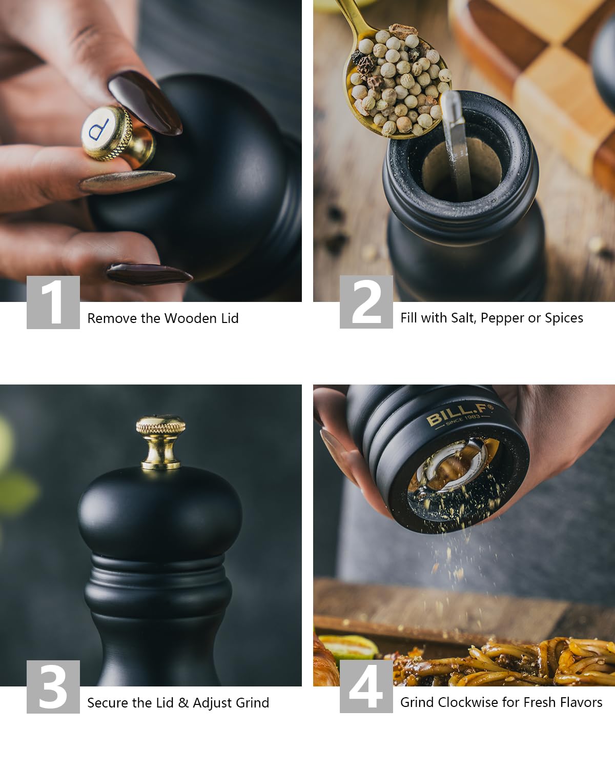 BILL.F Salt and Pepper Grinder Pepper Mill Wood Grinder Pepper Manual Grinders Salt Mill with Adjustable Ceramic Rotor -5.31 Inch Set of 2