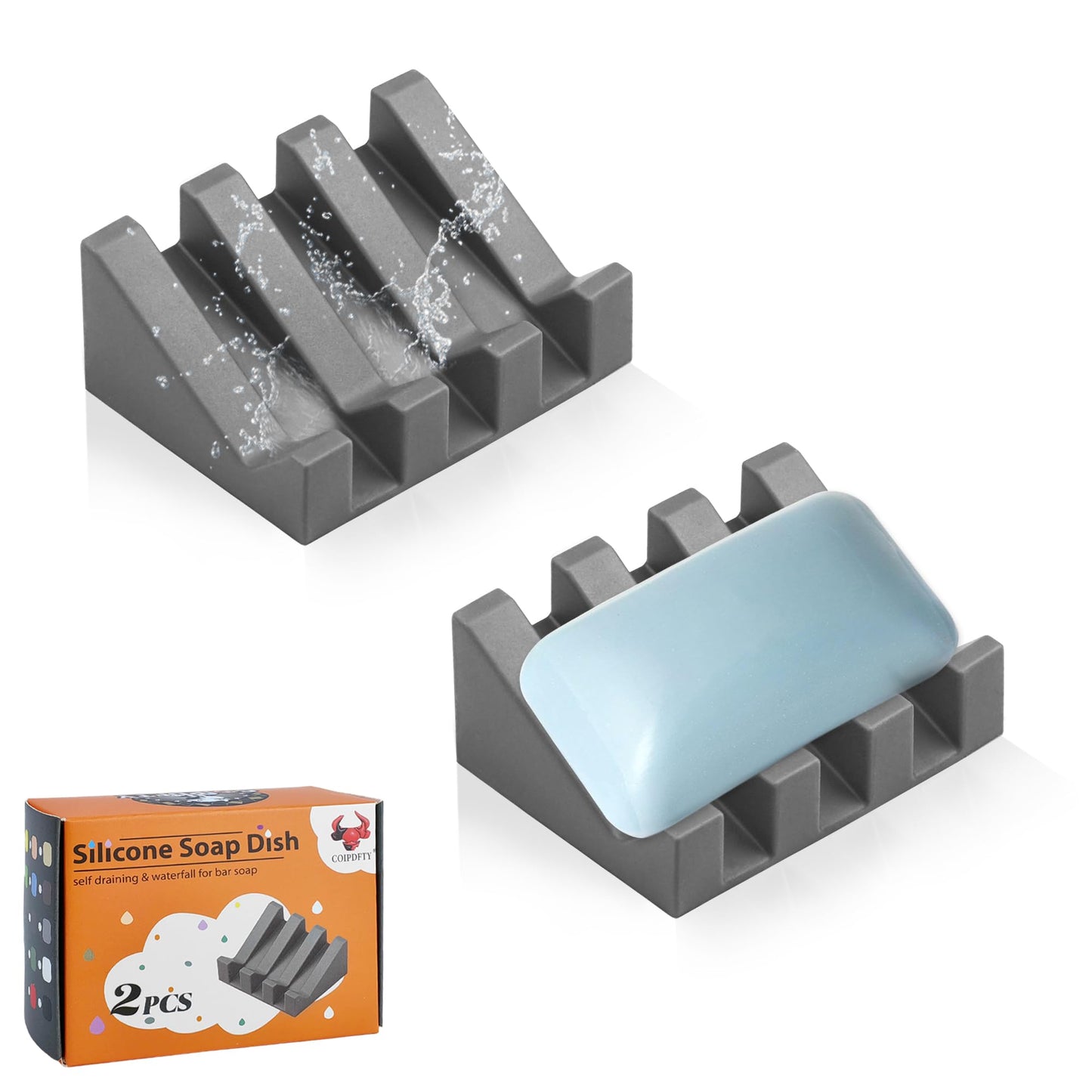 Coipdfty Self Draining Soap Dish Holder,Silicone Soap Dish,for Bathroom,Kitchen, Sponges，Can Extend Soap Life，Keep Soap Bars Dry and Easy Cleaning (Grey,2-Pack)