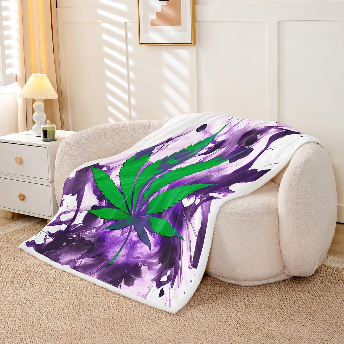 Chic Marijuana Weed Sherpa Fleece Blanket for Bed, Sofa, Couch - Green, Purple Tie Dye - 50"x60"