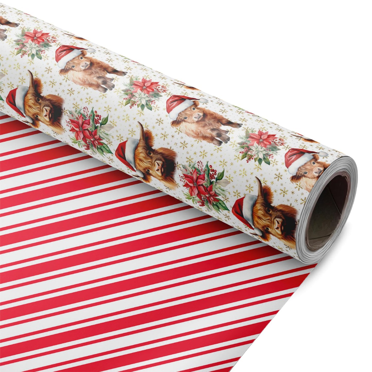 ZINTBIAL Highland Cow Reversible Christmas Wrapping Paper Roll - Gift Wrap with Red & White Stripes on Reverse - Perfect for Holidays, Birthdays, and Halloween - 17.5 in x 33 ft (48 sq. ft)