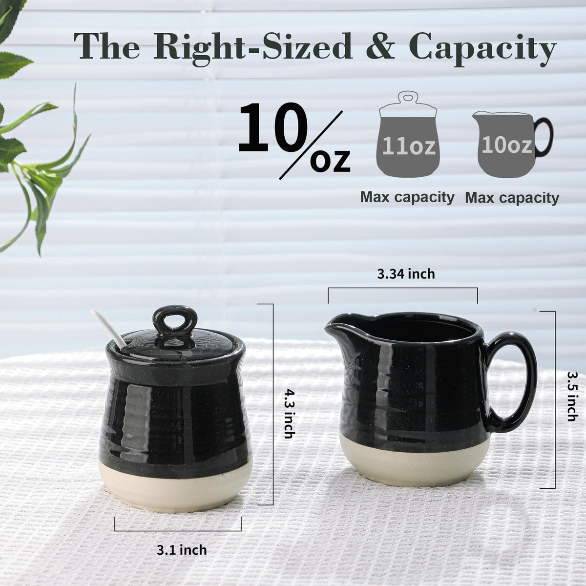 Hasense Porcelain Sugar and Creamer Set, 3 Piece Coffee Serving Set with Cream Pitcher, Sugar Bowl, Lid & Spoon, 10 Oz Farmhouse Decor for Coffee Bar, Black