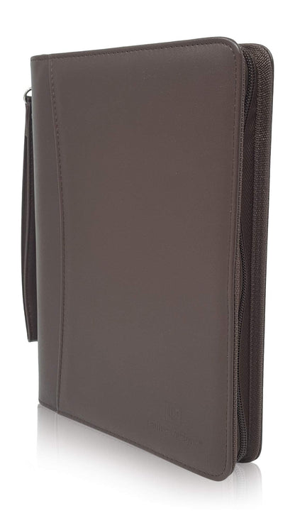 Zippered Portfolio Binder with Junior Legal 5x8 Notepad - Dark Brown PU Faux Leather Business Padfolio Organizer Folder with 8 Inch Tablet Sleeve & Gift Box by Lautus Designs