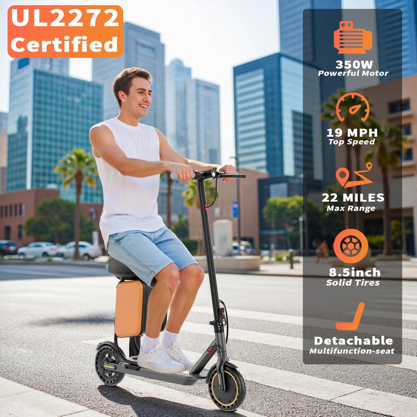 Qlaway Adult Electric Scooter with Seat - 350W Motor, 8.5" Solid Tires, Max Speed 19 MPH and 22 Miles Long-Range Portable Portable E-Scooter(Double Braking System & App)
