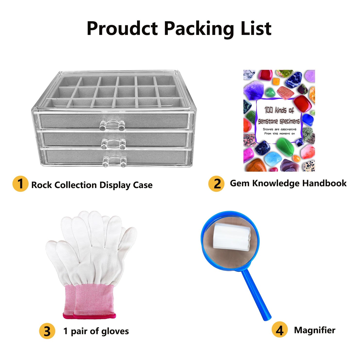 HEMYLU Acrylic Rock Collection Display Case for Kids, Crystals Displaying Box with 3 Drawers & 54 Grids and Gem Knowledge Handbook, Gemstone Organizer Showcase for Gem Enthusiasts