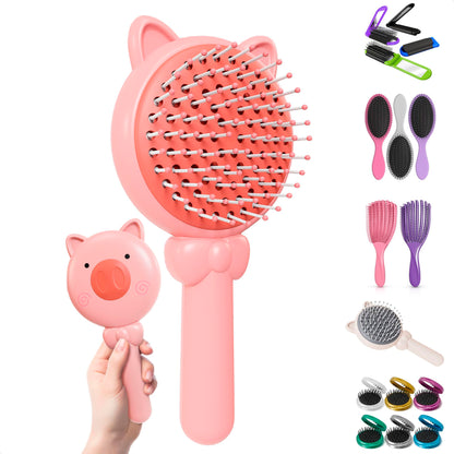 Retractable Hair Brush Pink Pig Designed - Compact 7.87 х 3.66 Inches Self Cleaning Hair Brush for Women with Magnetic Attach - Effective Detangling & Self Cleaning Hairbrushes with Soft Bristles