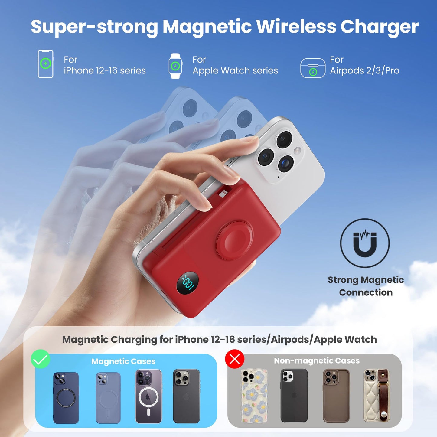 Magnetic Portable Charger 10800mAh for iPhone with Built-in Cables, 6-in-1 Wireless Power Bank with iWatch Charger, LCD Display 25W PD Fast Charging Battery Pack for iPhone 16/15/14/13/12, Apple Watch