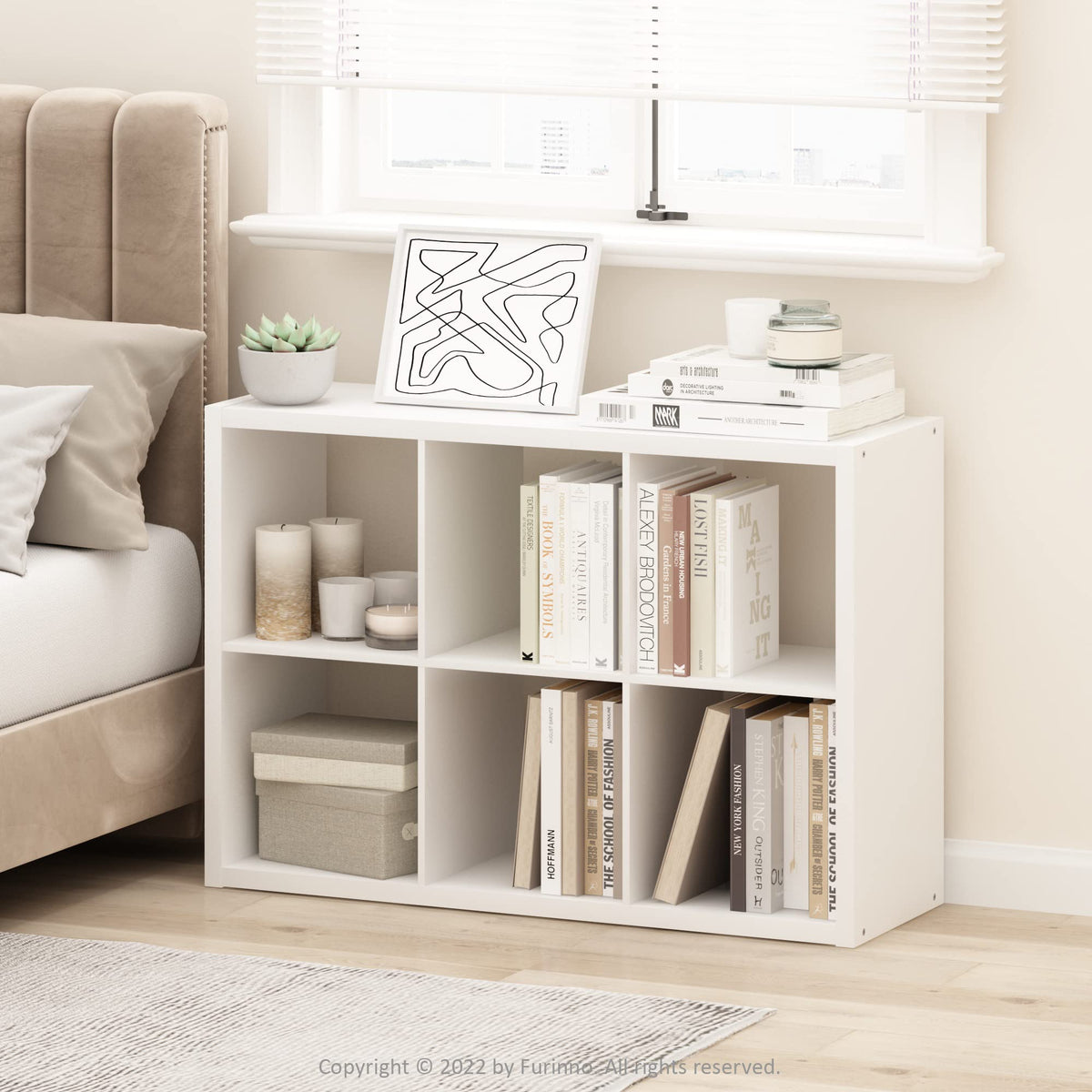 Furinno Cubicle Book Shelf, 6-Cube Bookshelf, Extra Thick Frame Horizontally & Vertically Reversible Bookcase with Open Back, 14.6" x 44" x 30", for Living Room, Bedroom, Home Office, White