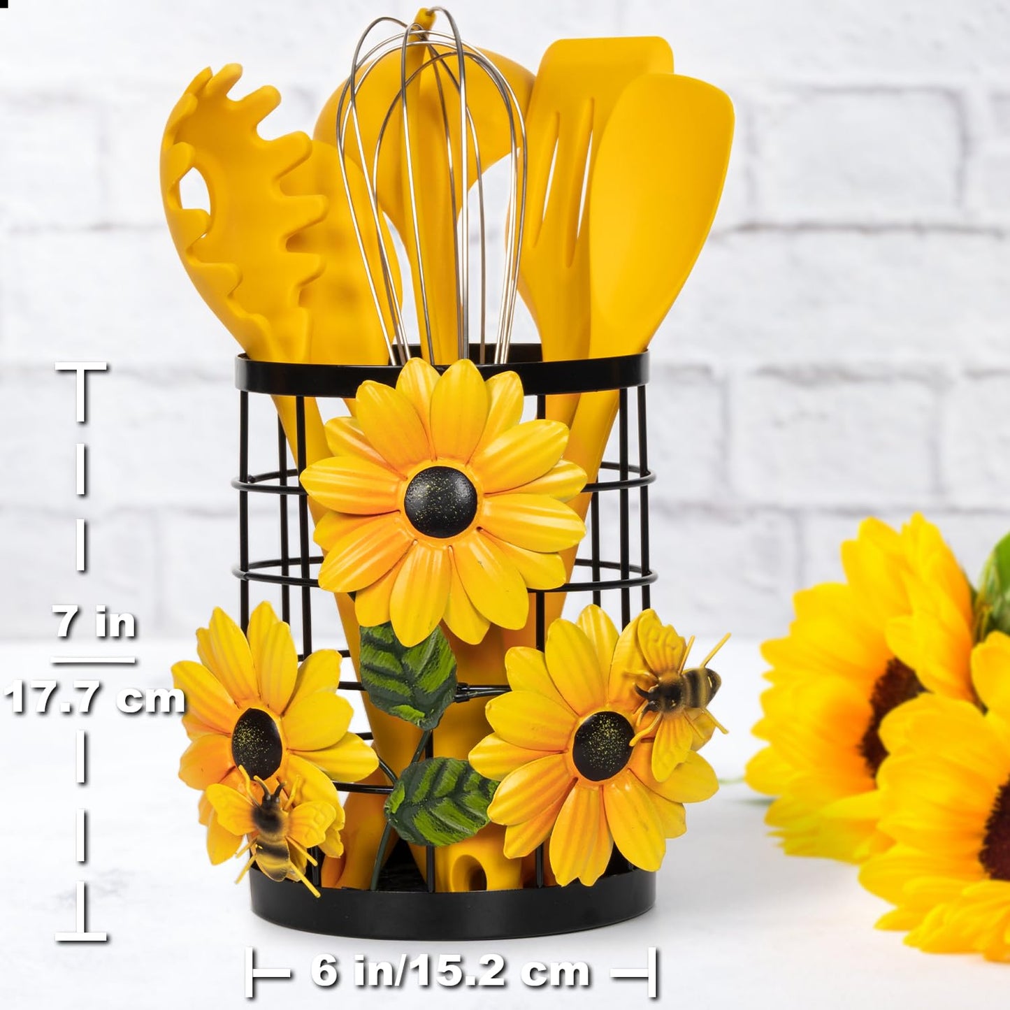 Sunflower Utensil Caddy with Silicone Cooking Utensils Set 6PCS, Canister Holder Sunflower Kitchen Decor and Accessories Theme Set Counter Yellow Kitchen Decor Country Crock Organizer Gifts for Women