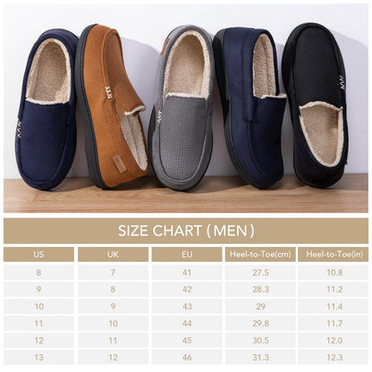 VeraCosy Men's Women's Comfy Suede Memory Foam Moccasin Slippers Warm Sherpa Lining House Shoes with Anti-Skid Rubber Sole, Black /Men, 9 UK Men/ 10 UK Women