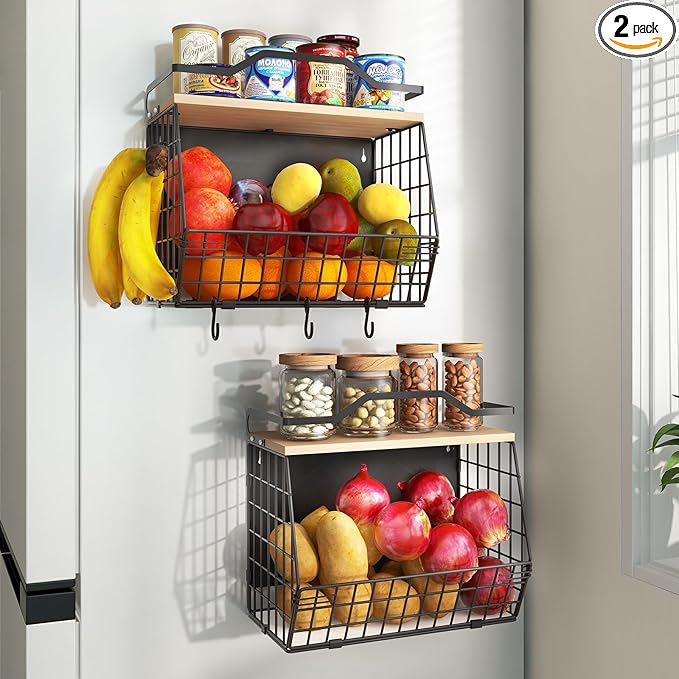 Magnetic Shelf for Fridge with Wood Lid, 2 Tier Fruit Baskets Wall Mounted