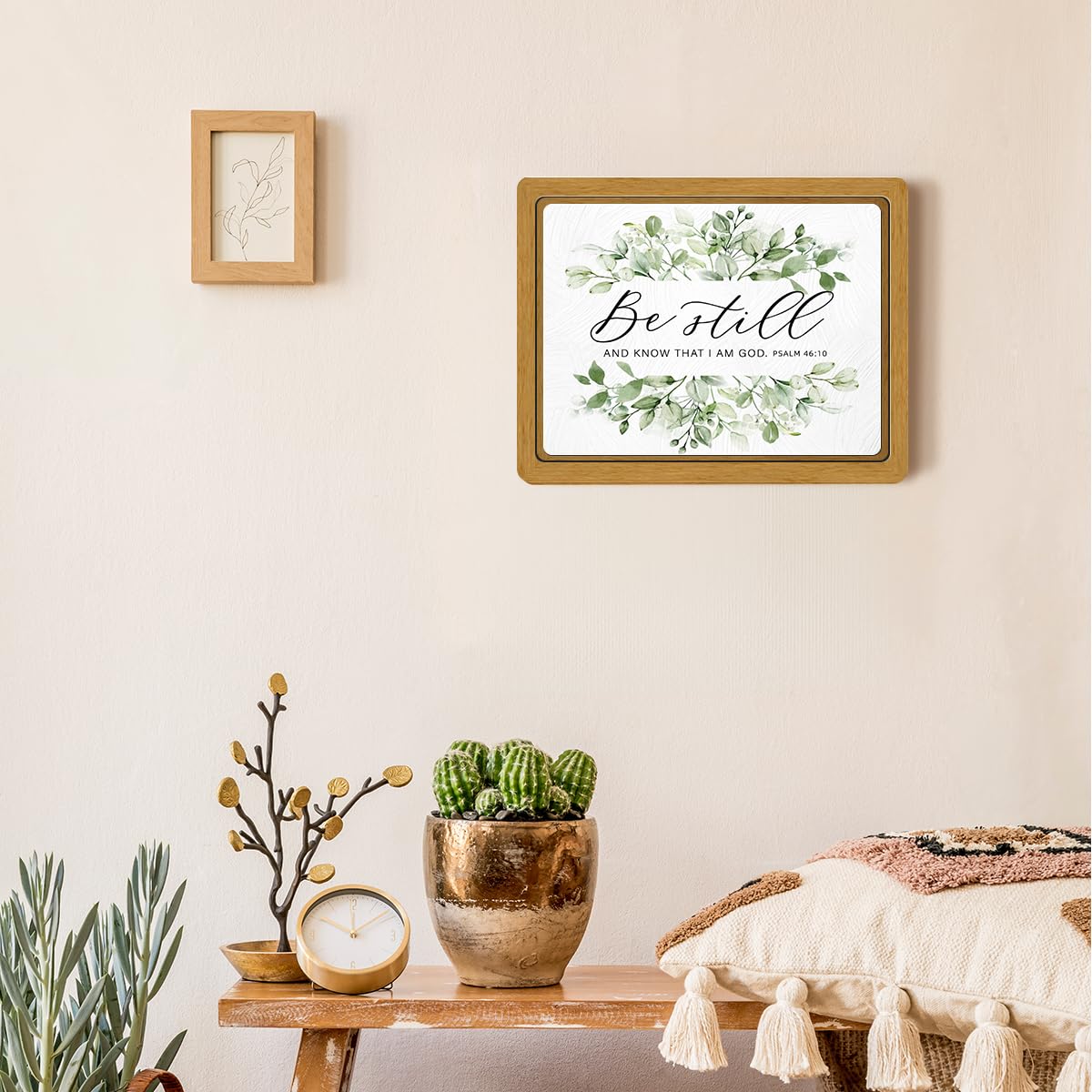 BIWSHA Rustic Farmhouse Christian Bible Verses Wall Art Decor, Inspirational Botanical Sage Green Wooden Framed Wall Hanging Art Decor for Home Office Bedroom, Be Still PSALM 46, 12x9.4in