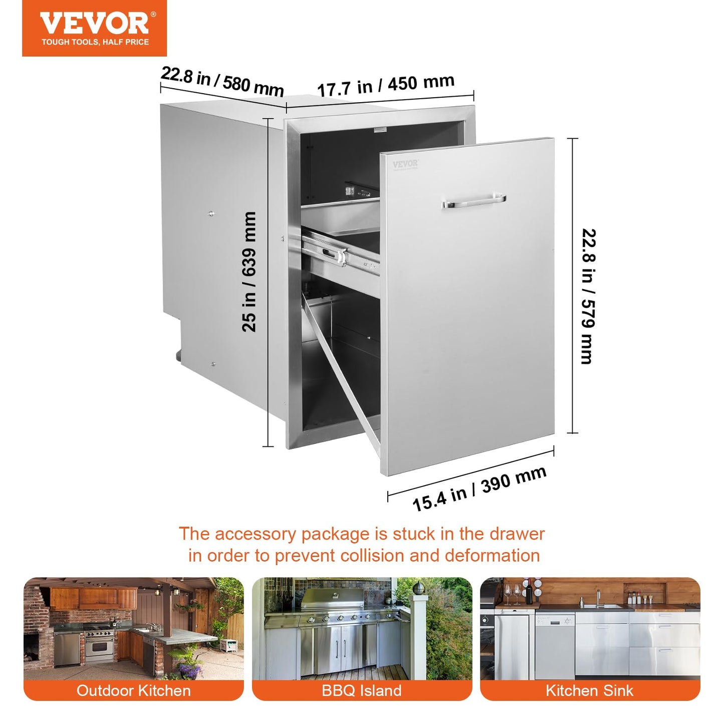 Vevor Pull Out Trash Drawer 17.7x22.8 Inch Raised Style Trash Bin with Pull-Out Tray Stainless Steel Trash Drawer with Handle for Outdoor Kitchen BBQ Island : Patio, Lawn & Garden