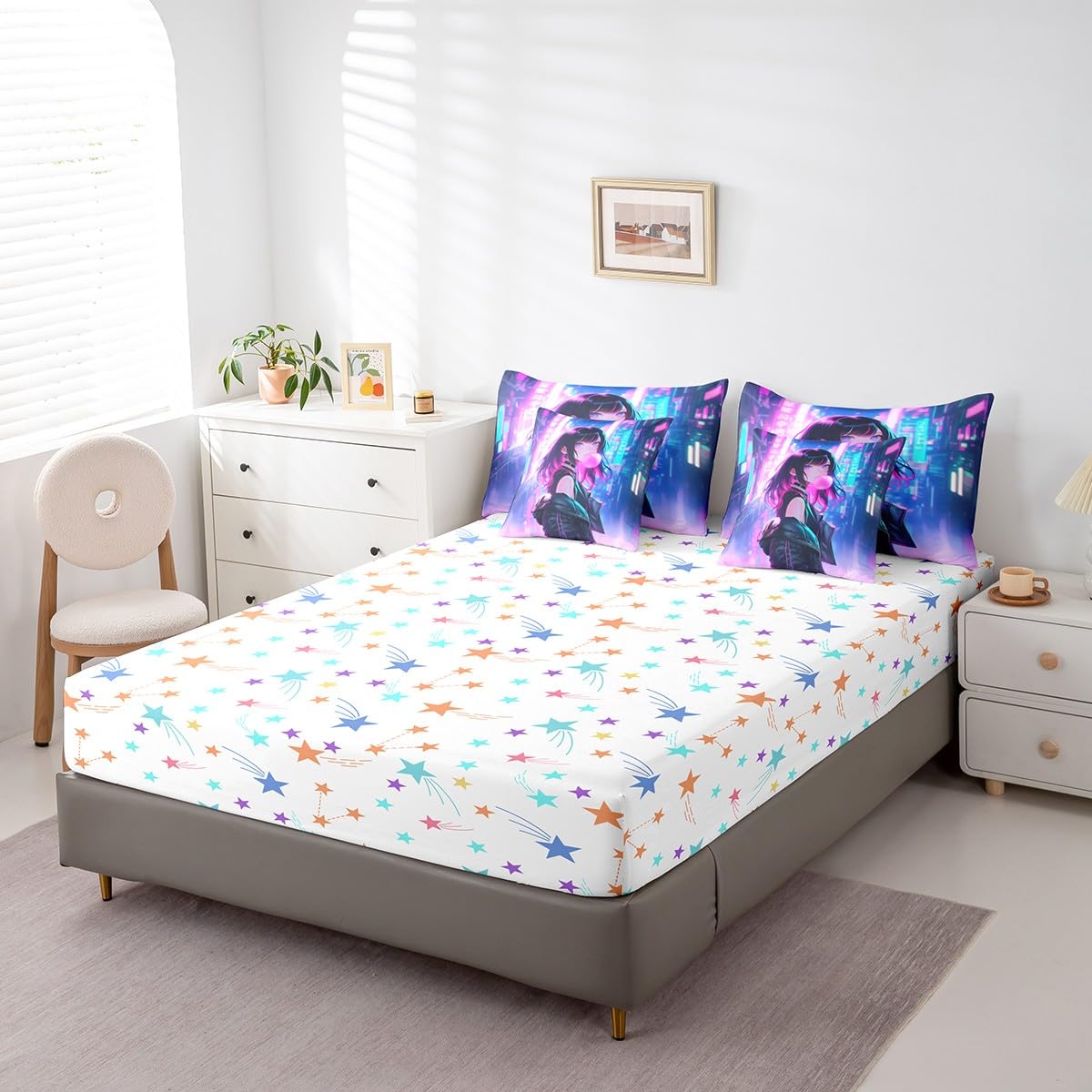 Erosebridal 7 Piece Anime Girl Comforter Set with Sheet Twin Size, Kawaii Japanese Anime Bedding Set for Kids Boys Teens Adult Women, Cartoon Girl Bed in a Bag Japan Animation Bedroom Decor