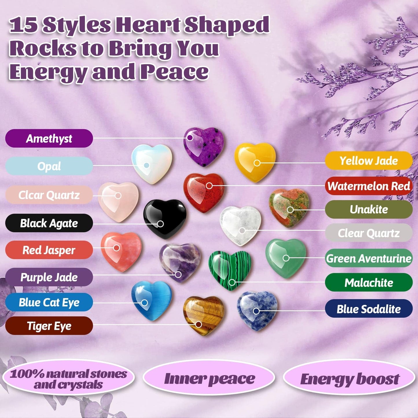 15Pcs Heart Crystals and Healing Stones Bulk, 0.8" Natural Polished Heart Shaped Rocks Gemstones with Meaning Cards for Meditation Balancing Chakra Reiki Spiritual Valentines Mother's Day Gifts