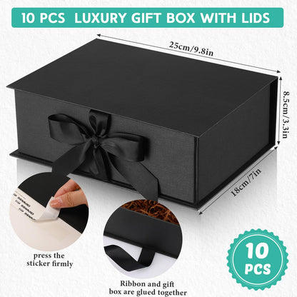 Jetec 10 Set 9.8 x 7 x 3.3 Inch Luxury Gift Boxes with Lids and Ribbon Paper Bags,collapsible Present Box for Birthday Wedding Proposal Valentines Day(Black)