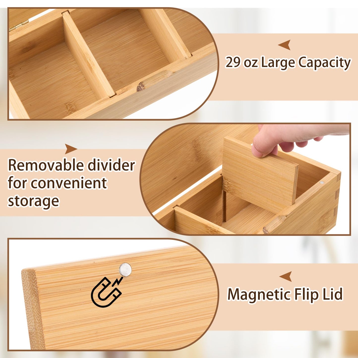 Yiyiring Bamboo Salt Cellar Spice Box with Magnetic Lid 29oz Large Capacity Salt Organizer 3 Compartments for Kitchen Countertop, Pepper, Seasonings, Spices, Grilling & Cooking