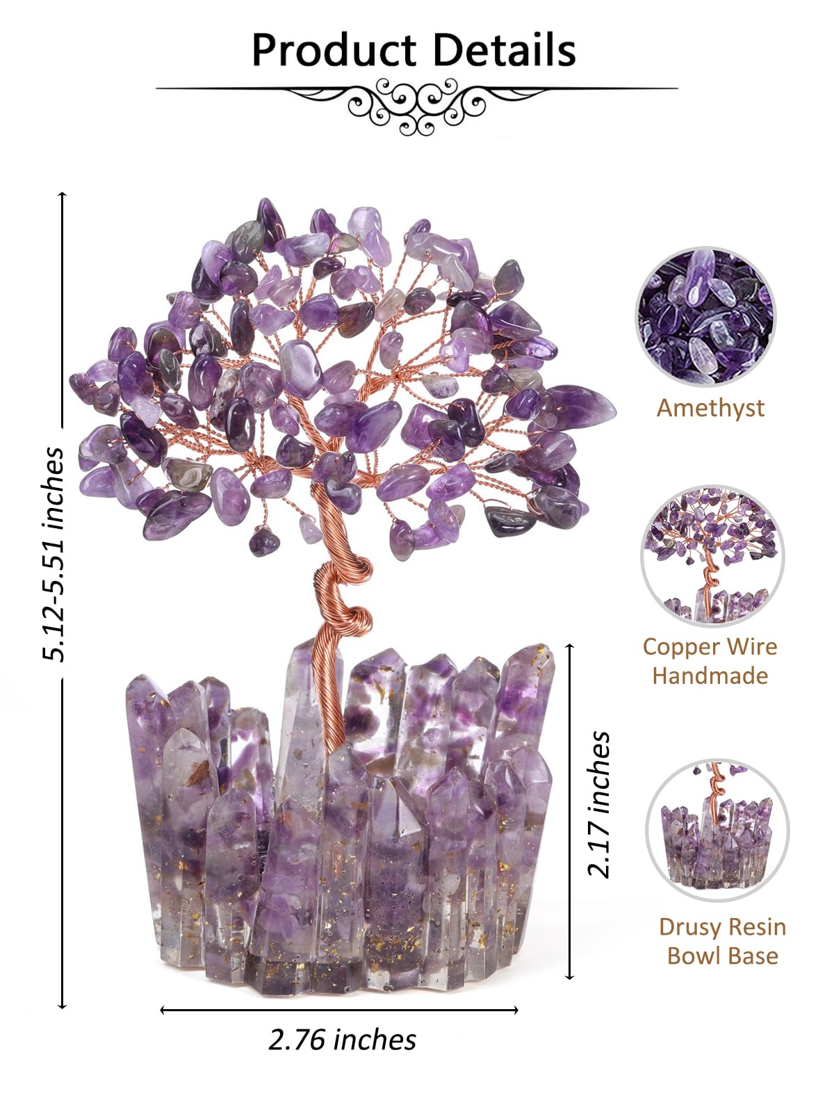 Jovivi Natural Amethyst Crystal Tree Wire Wrapped Chipped Gemstone with Resin Crystal Base,Feng Shui Bonsai Money Tree Handmade Spiritual Healing Crystals Decor Home Ornament