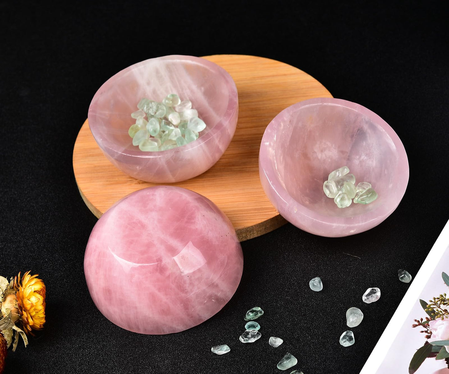 MOGEMT Large Rose Quartz Crystal Bowl Hand-Carved Round Pink Crystals Gemstone Bowl Reiki Healing Home Decoration Gift 4-4.5"