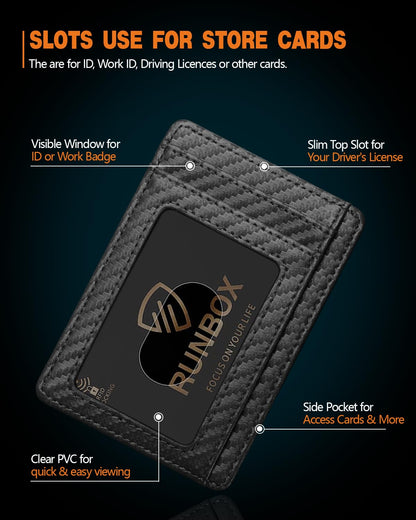 RUNBOX Slim Minimalist Front Pocket RFID Blocking Leather Wallets for Men and Women Card Holder Wallets Gifts for men, 01-Carbon Black, M, Minimalist