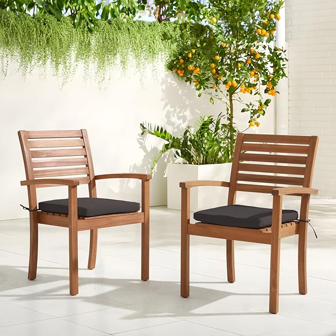 OC Orange-Casual Stackable Patio Dining Chairs Set of 6, Outdoor Acacia Wooden Chairs w/Armrest & Removeable Fabric Cushion, for Porch, Backyard, Garden, Indoor, Dark Grey
