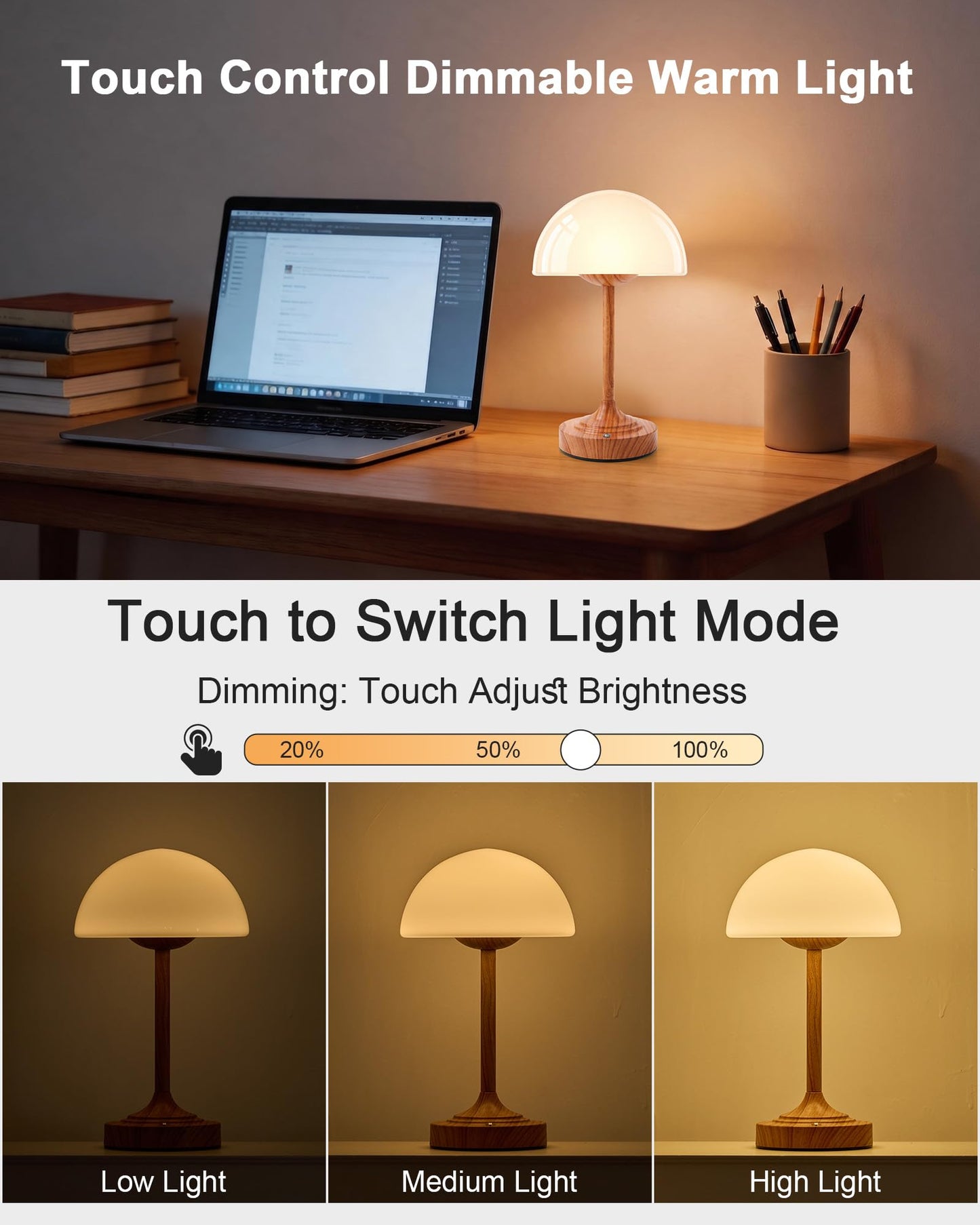 UMEXUS Cordless Mushroom Rechargeable Lamp with Waterproof for Shower, 11.8" H Small Portable Battery Operated Glass Table Lamp, Dimmable Touch Light for Bathroom Bedside Dining Table Kitchen Patio