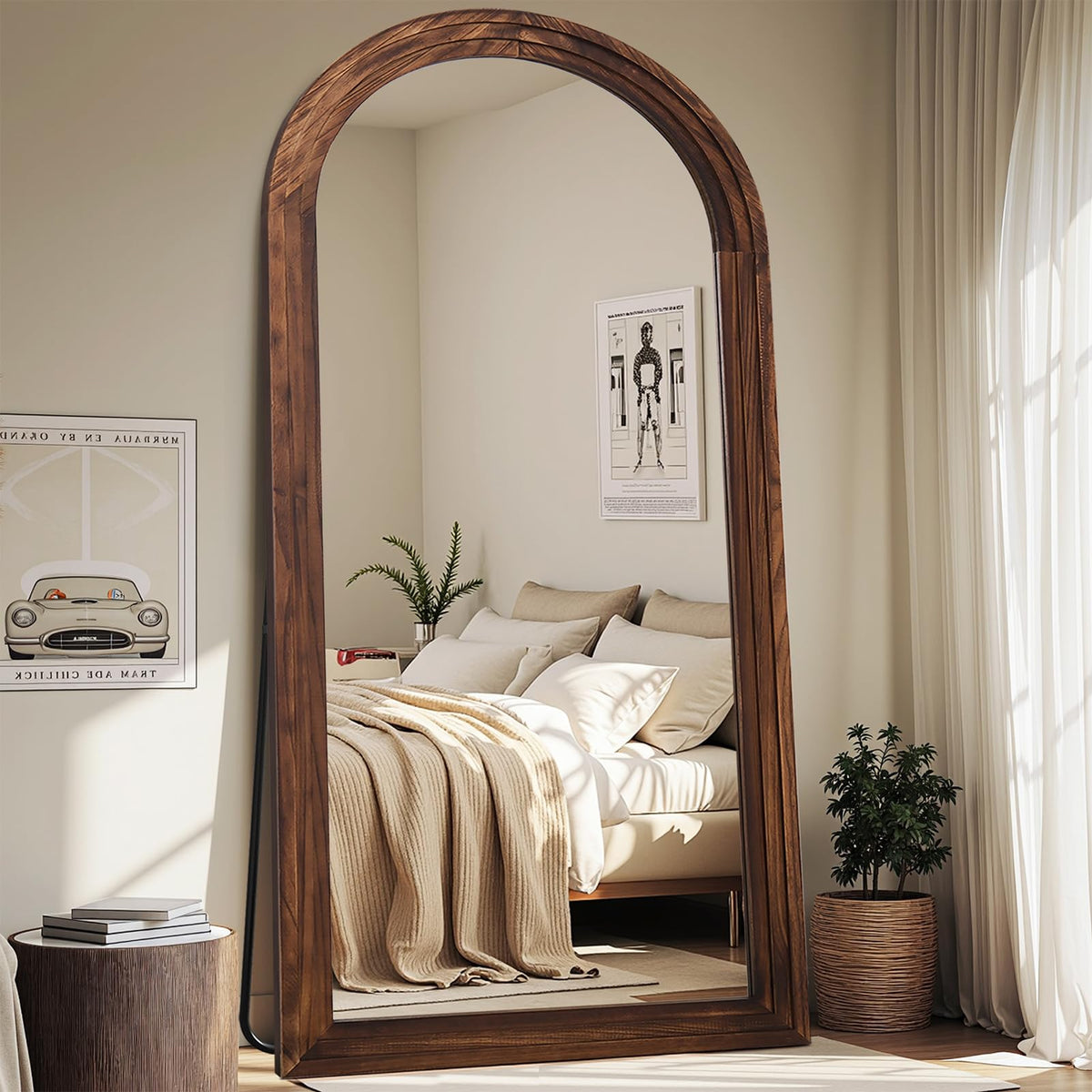 Antok Full Length Mirror with Solid Wood Frame, 76"×34" Wall Mounted Oversized Floor Mirror with Stand, Leaning Standing Hanging for Bedroom Living Room Entryway, Walnut, Arched Syle
