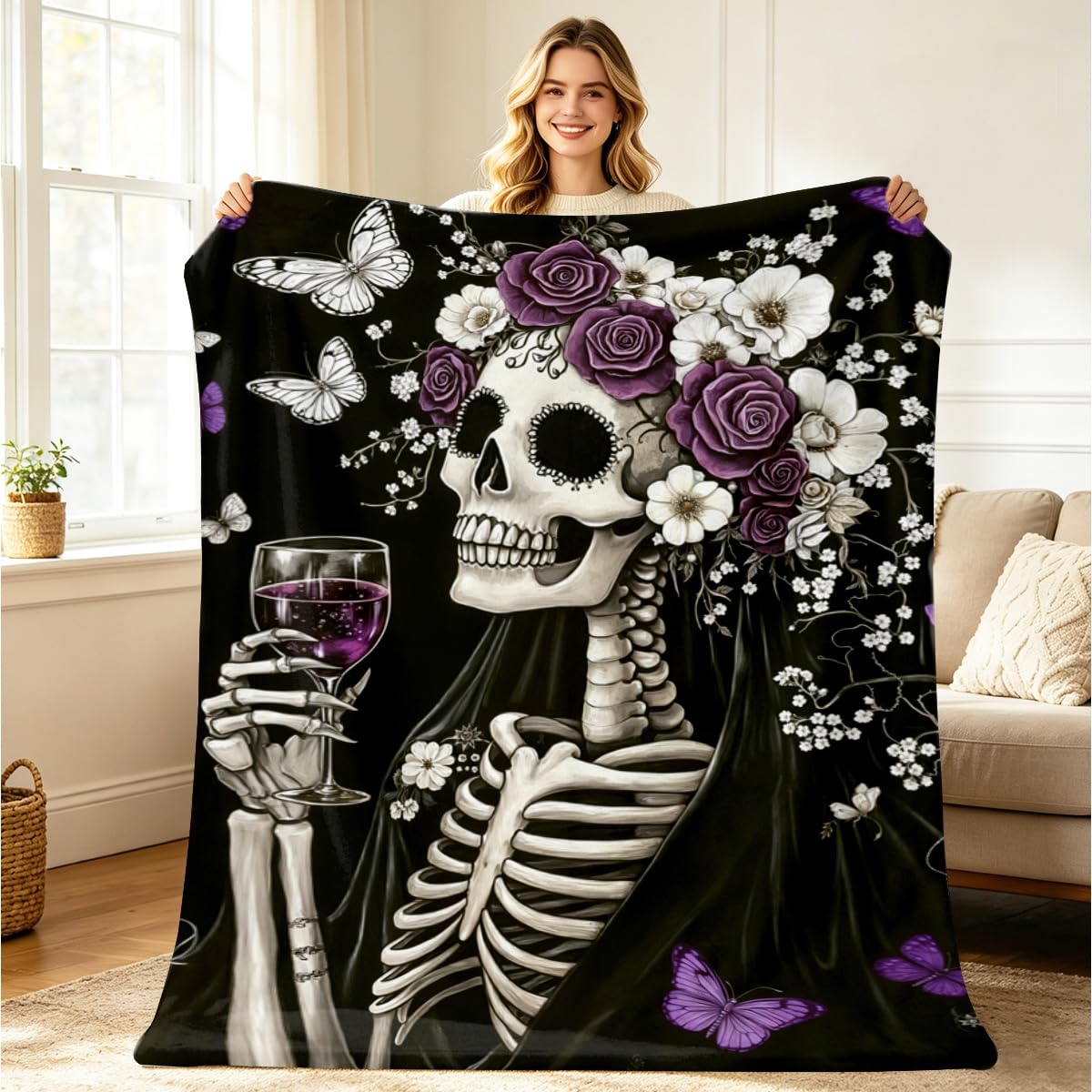 HUNXIAOJ Sugar Skull Blankets and Throws Day of the Dead Blankets Floral Butterfly Skeleton Decor Flannel Gothic Bed Sofa Halloween Home Soft Cozy Mexican Decor Gifts 49"x59"