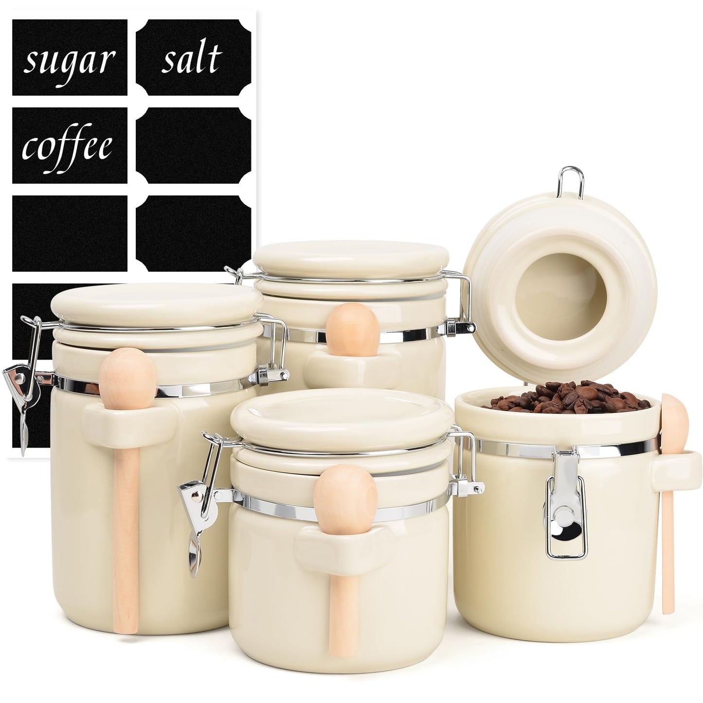 ZEBERBO 4 Piece Airtight Ceramic Canister Set With Attached Wooden Spoon Reusable Chalk Labels For Dry Goods Sugar Coffee Tea Kitchen Storage Use (Cream)