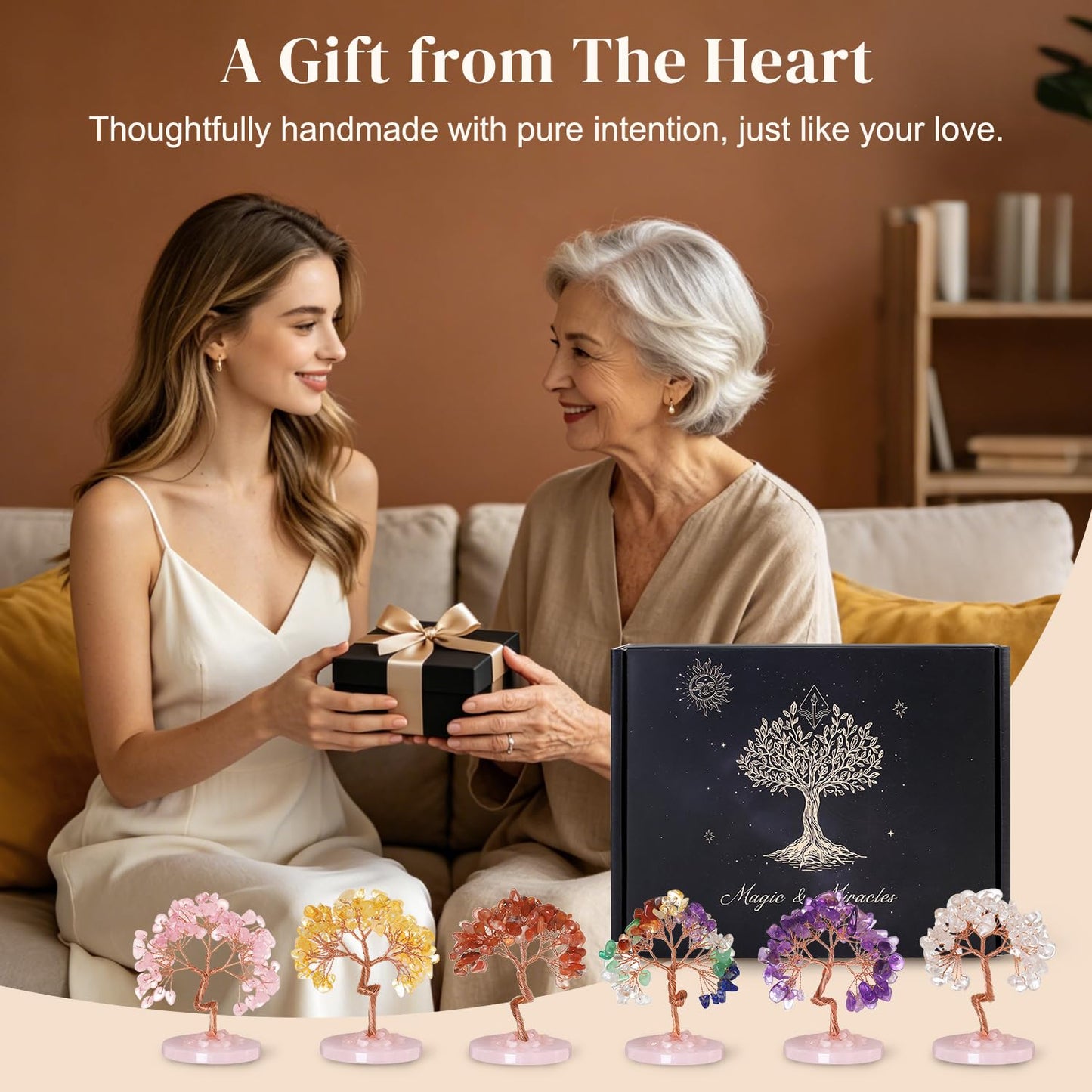 Crystal Tree Gifts for Women Handcrafted Tree of Life Healing Crystal Stones Home Office Desk Table Decor Natural Chakra for Positive Energy Spiritual Birthday Gifts for Mom Dad Sister Set of 6