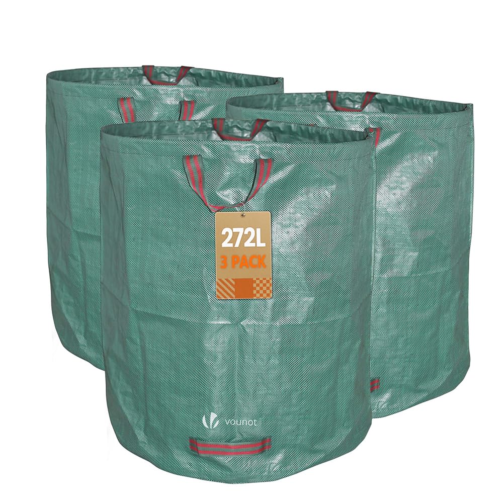 VOUNOT® Set of 3 Garden Waste Bags, 272 L Heavy Duty Reusable Garden Refuse Bags with Handles, Green